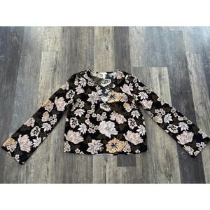 Leith Floral Lattice V-Neck Long Sleeve Blouse Black Olive Small TL351302MI